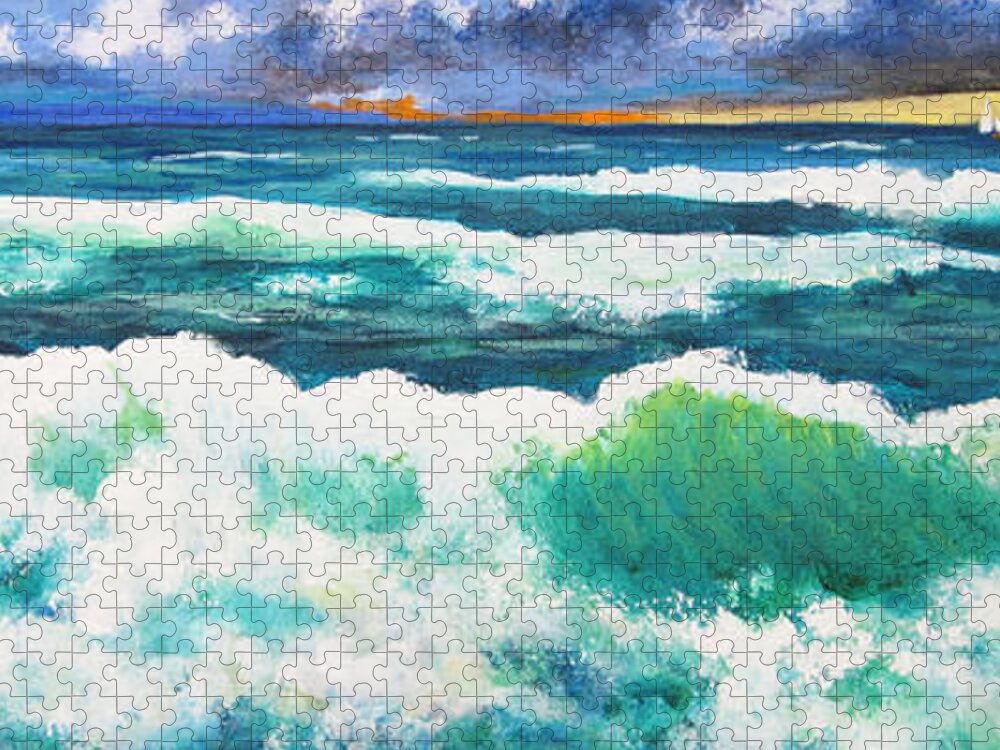 Ocean Jigsaw Puzzle featuring the painting Long Thin Wave by Anne Marie Brown