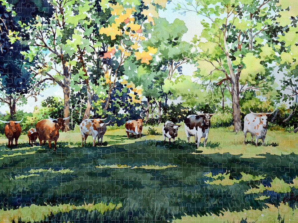 #water #watercolor #watercolorpainting Longhorns #cattle #farm #landscape #countrylife #country #cows Jigsaw Puzzle featuring the painting Longhorns by Mick Williams