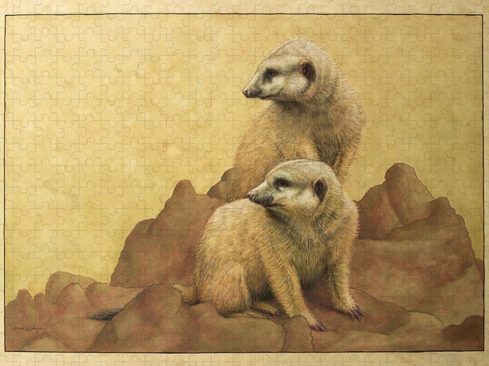 Meerkats Jigsaw Puzzle featuring the painting Lookouts by James W Johnson