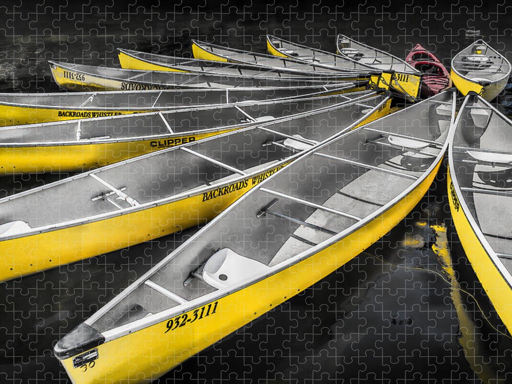 Canoes Jigsaw Puzzle featuring the photograph Lost Lake Yellow Canoes Tethered in Whistler British Columbia by Randall Nyhof