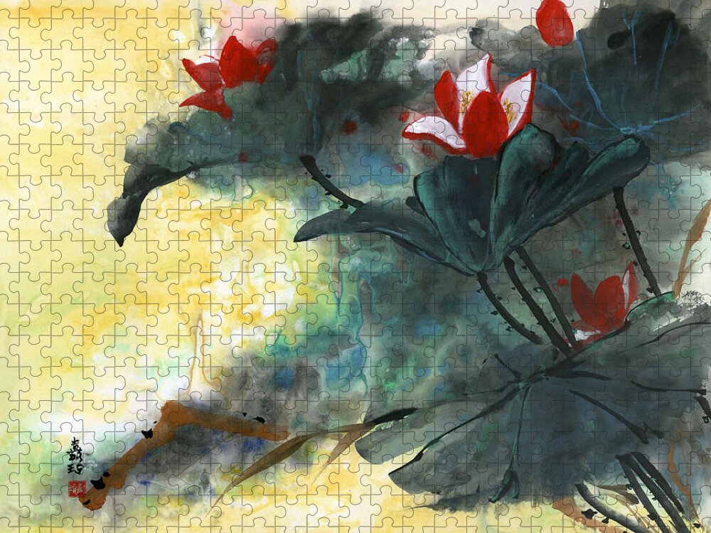 Lotus Jigsaw Puzzle featuring the painting Lotus Dreams by Charlene Fuhrman-Schulz