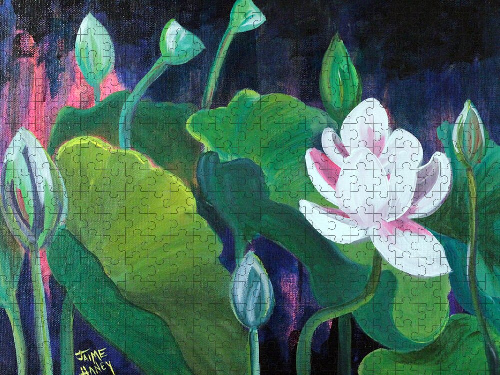 Lotus Garden Jigsaw Puzzle featuring the painting Lotus Garden 1 by Jaime Haney