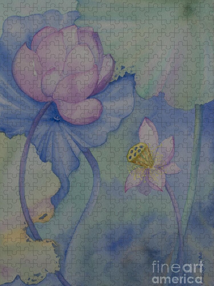 Lotus Jigsaw Puzzle featuring the painting Lotus. Left side for diptych design by Yuliya Glavnaya