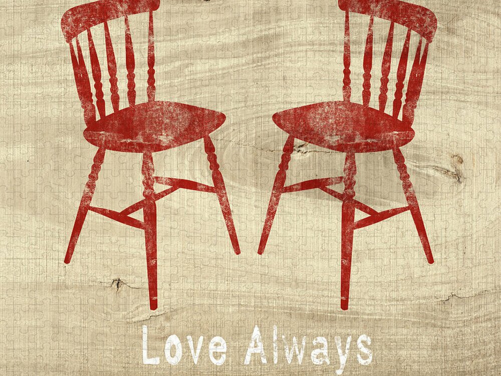 Country Jigsaw Puzzle featuring the mixed media Love Always Red Chairs- Art by Linda Woods by Linda Woods