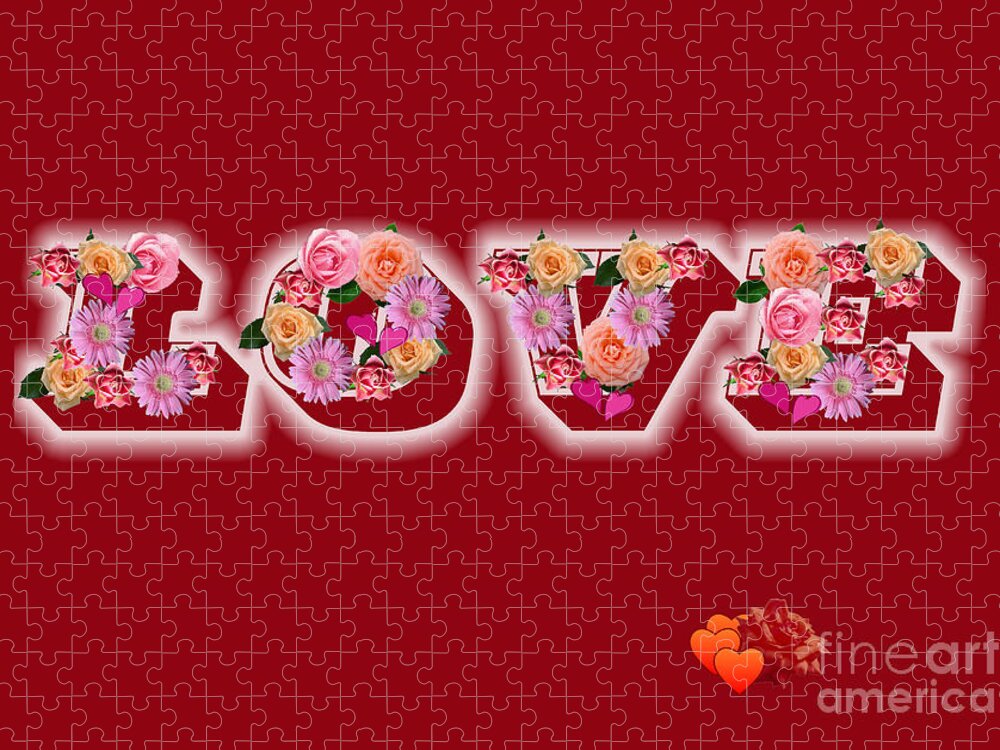 Red Jigsaw Puzzle featuring the digital art Love On Red with Flowers by Teresa Zieba