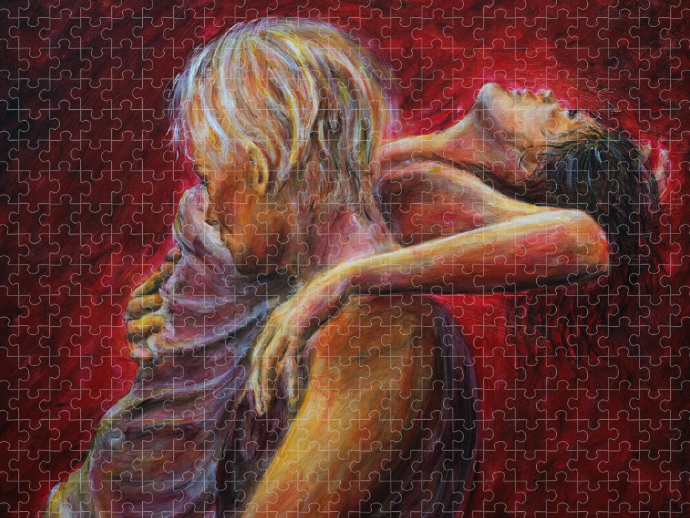 Lovers Close Jigsaw Puzzle featuring the painting Lovere in Red by Nik Helbig