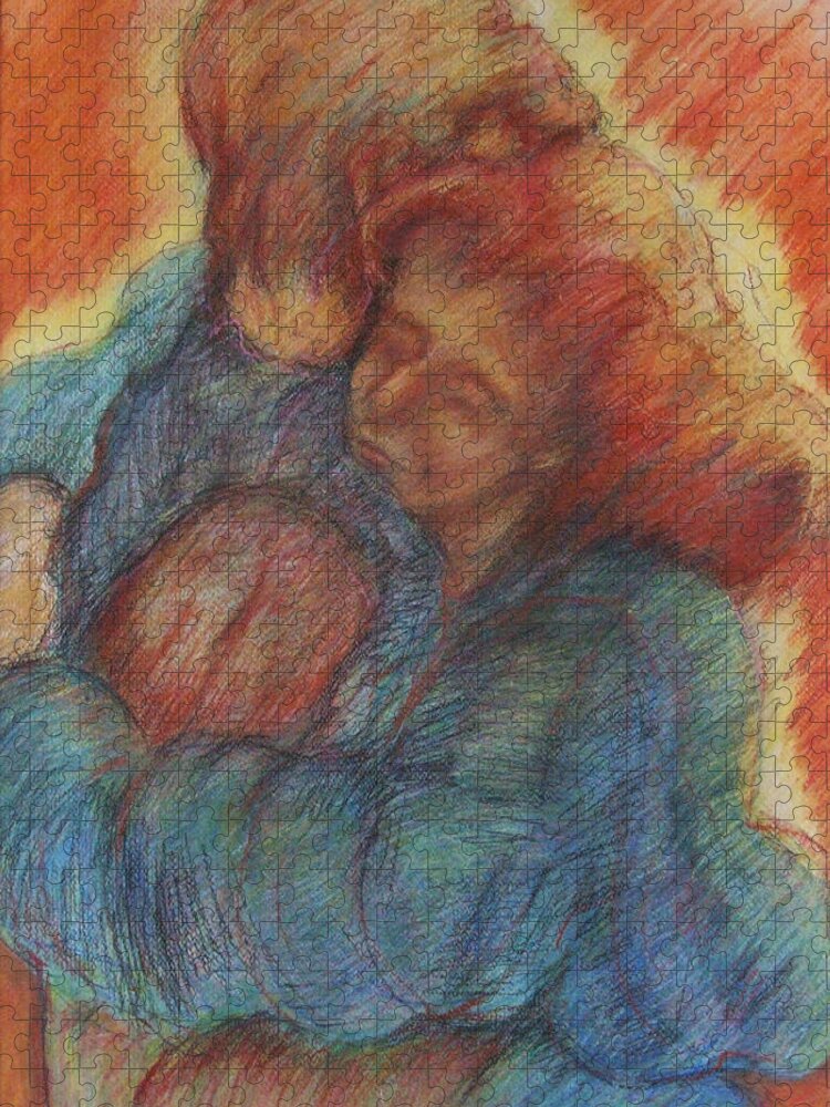 Original Art Pastel Chalk Drawing Lovers Couple Hug Embrace Love Jigsaw Puzzle featuring the pastel Lovers Embrace by Katt Yanda
