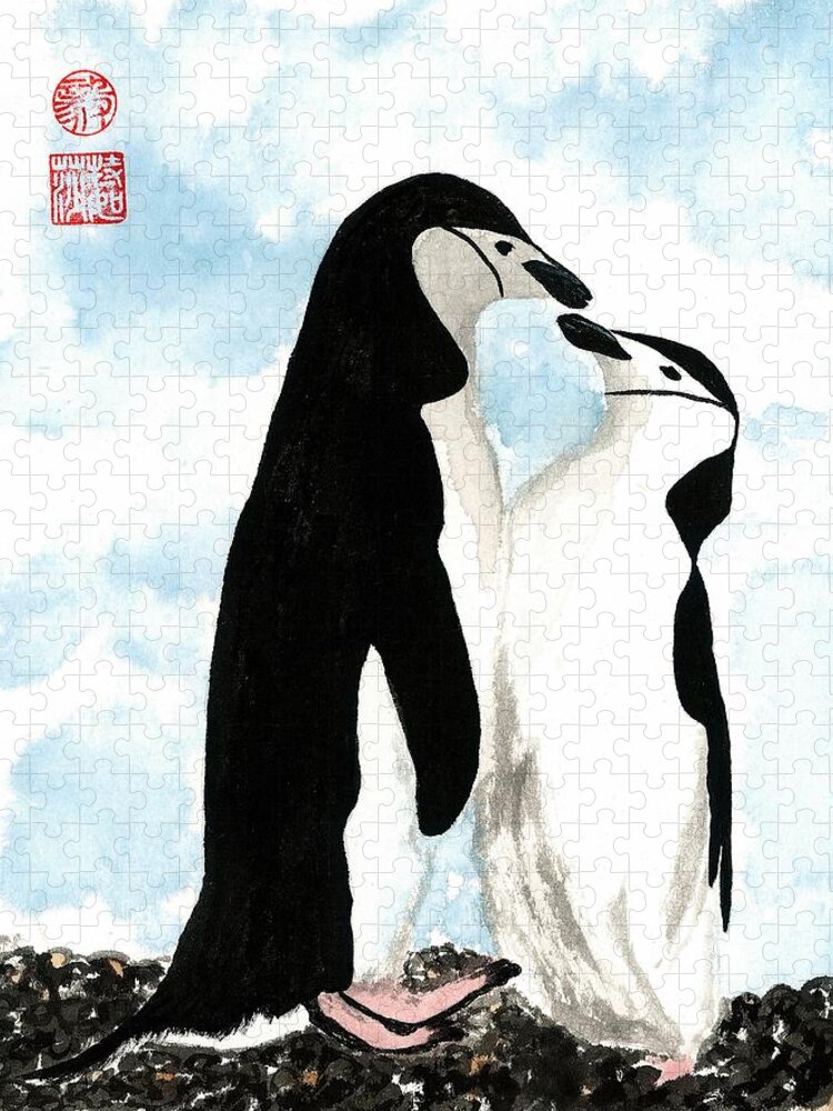 Birds Jigsaw Puzzle featuring the painting Loving Penguins by Terri Harris