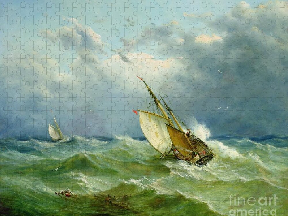Lowestoft Jigsaw Puzzle featuring the painting Lowestoft Trawler in Rough Weather by John Moore