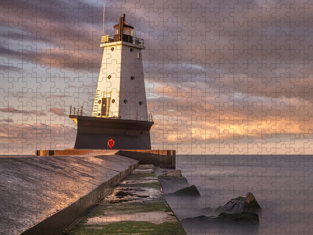 3scape Jigsaw Puzzle featuring the photograph Ludington North Breakwater Light at Dawn by Adam Romanowicz