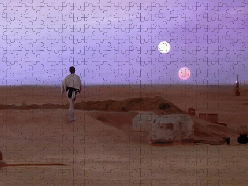Tatooine Jigsaw Puzzle featuring the mixed media Luke Skywalker Tatooine Sunset by Mitch Boyce