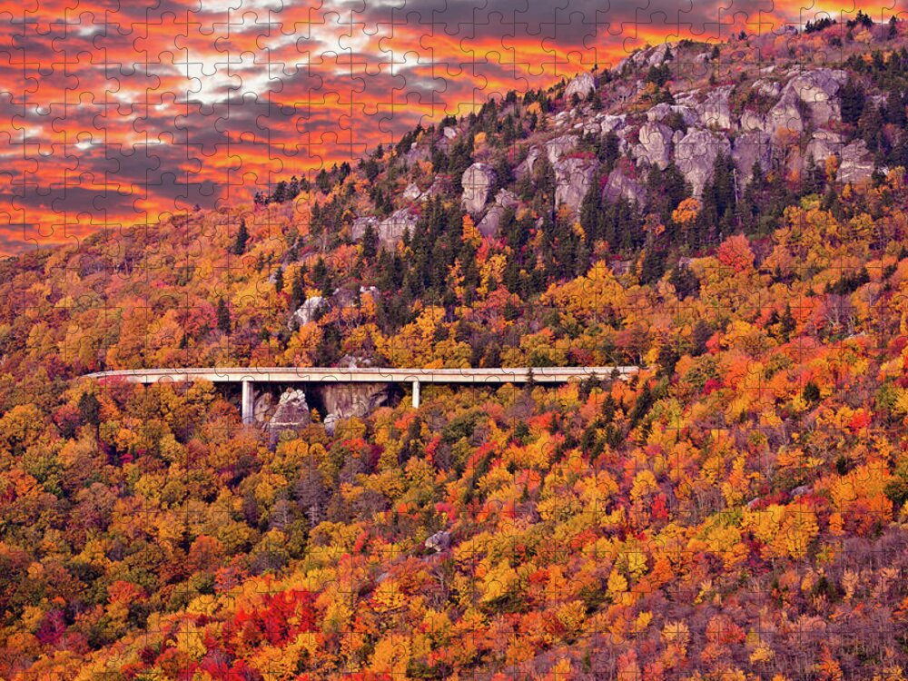 Autumn Jigsaw Puzzle featuring the photograph Lynn Cove Viaduct Blue Ridge Autumn Fire Sky by Dan Carmichael