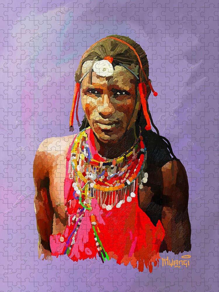 Cow Jigsaw Puzzle featuring the painting Maasai Moran by Anthony Mwangi