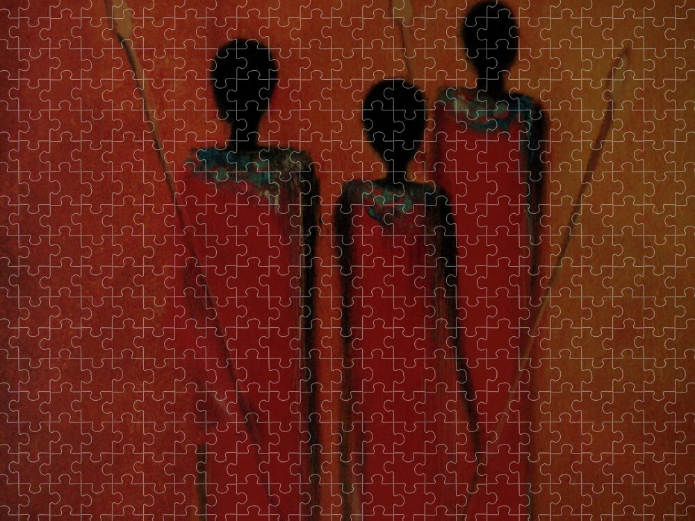Maasai Jigsaw Puzzle featuring the painting Maasai Trio by David Dehner