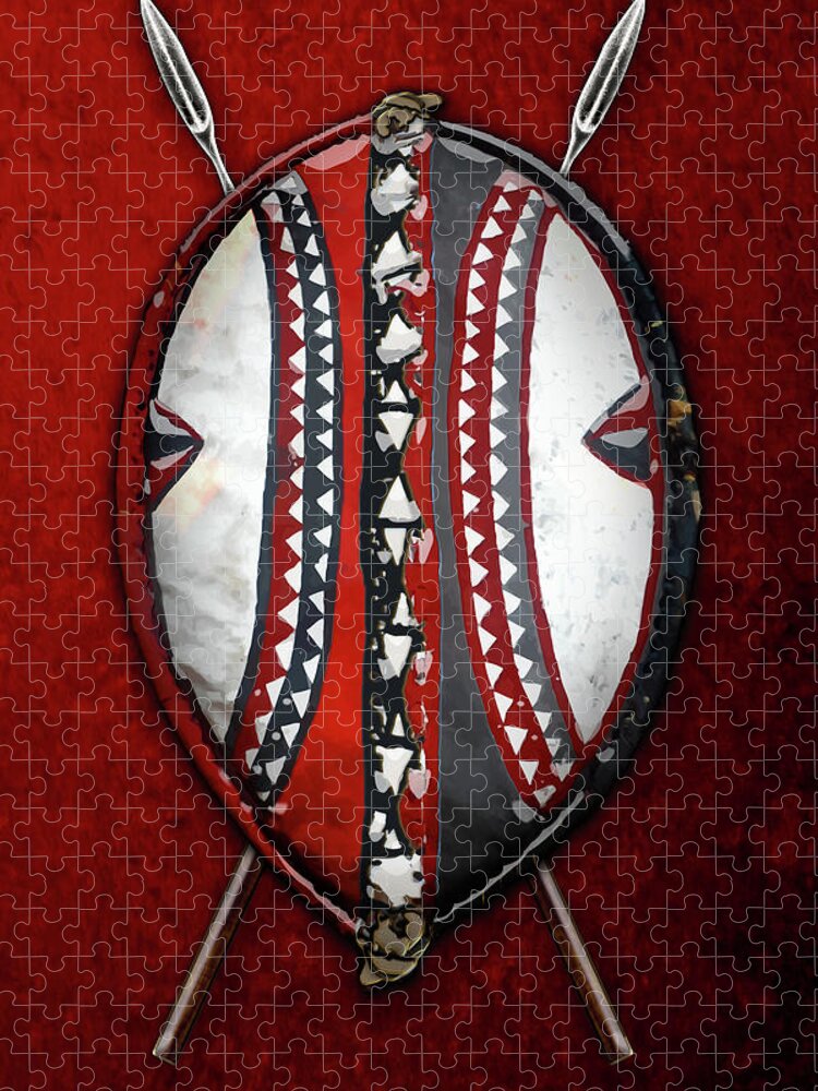 'war Shields' Collection By Serge Averbukh Jigsaw Puzzle featuring the digital art Maasai War Shield with Spears on Red Velvet by Serge Averbukh