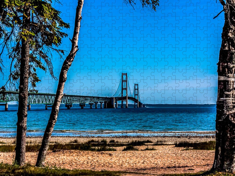 Mackinaw Bridge Jigsaw Puzzle featuring the photograph Mackinaw Bridge summer splendor by Joe Holley