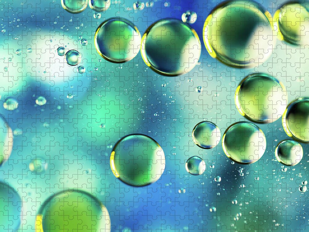 Macro Jigsaw Puzzle featuring the photograph Macro Water Droplets Aquamarine Soft Green Citron and Blue by Sharon Mau