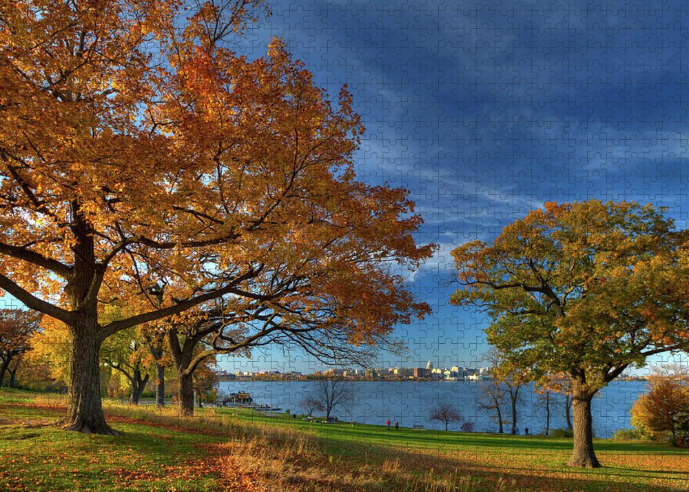 Olin Park Madison Wi Autumn Lake Monona Wisconsin Lake Fall Color Blue Yellow Capitol Jigsaw Puzzle featuring the photograph Madison across Lake Monona in Autumn Splendor from Olin Park by Peter Herman
