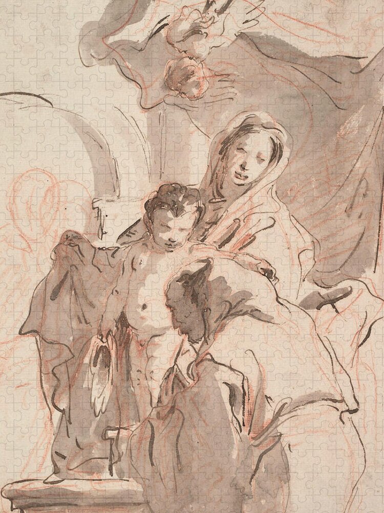 Italian Artist Jigsaw Puzzle featuring the drawing Madonna and Child with Saint by Giovanni Battista Tiepolo