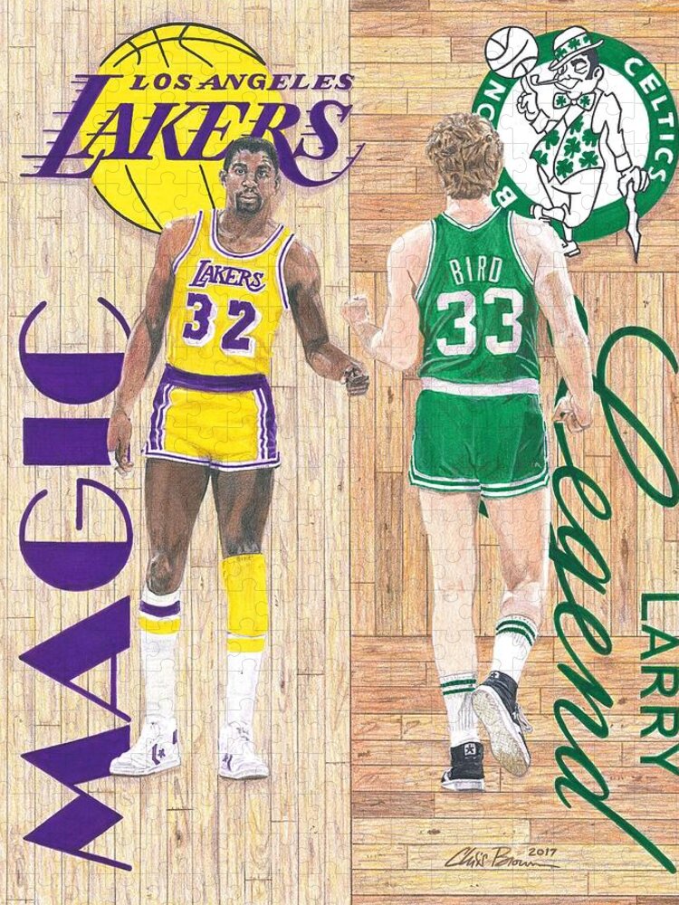 Magic And Bird Jigsaw Puzzle featuring the drawing Magic Johnson and Larry Bird by Chris Brown
