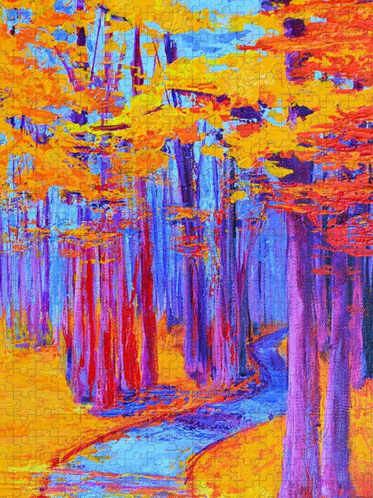 Magical Path - Enchanted Forest Collection - Modern Impressionist Landscape Art - Palette Knife Work Jigsaw Puzzle featuring the painting Magical Path - Enchanted Forest Collection - Modern Impressionist Landscape Art - Palette Knife work by Patricia Awapara