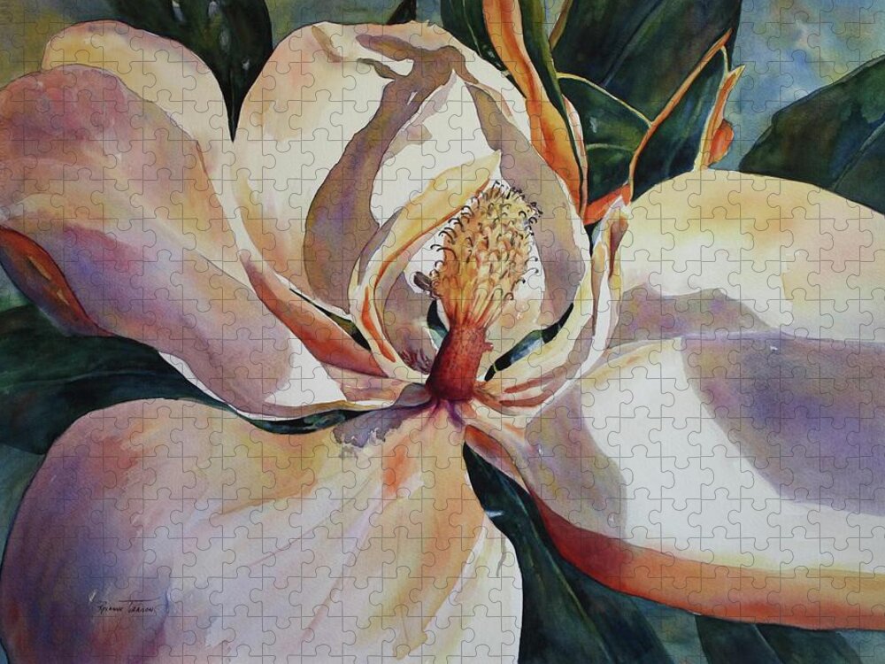 Magnolia Jigsaw Puzzle featuring the painting Magnolia, Golden Glow by Roxanne Tobaison