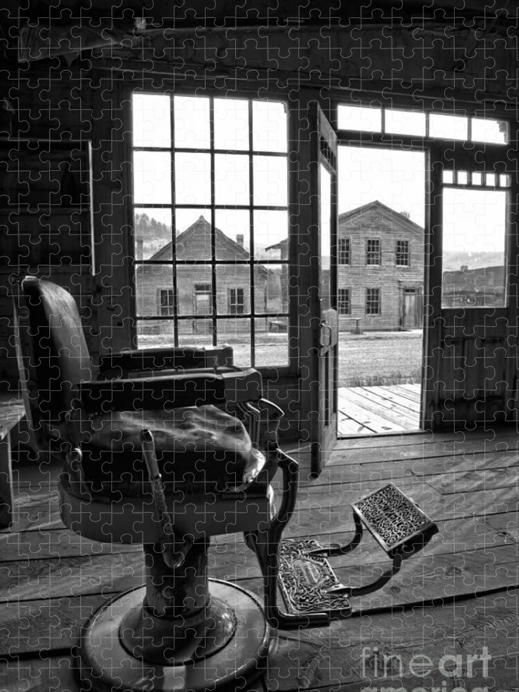 Barber Chair Jigsaw Puzzle featuring the photograph Main Street Barber Chair Black And White by Adam Jewell