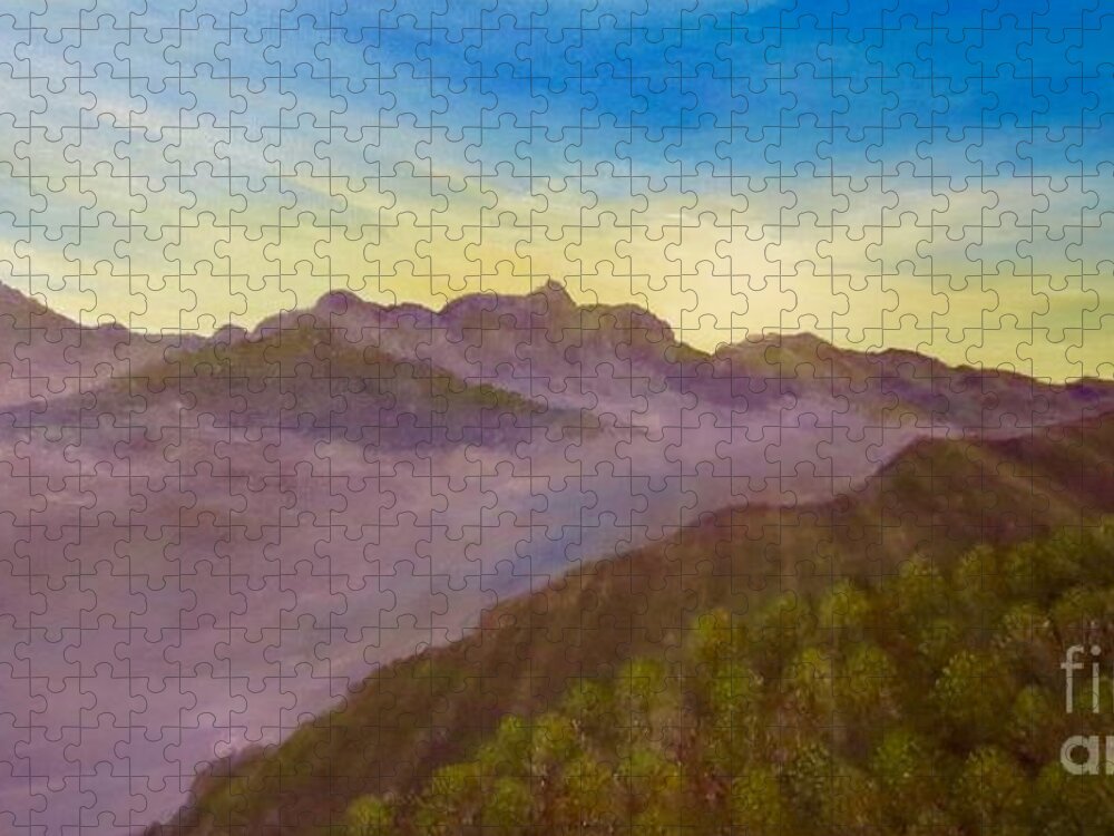 Panaromic View Sunrise Morning Superior View Mountains Evergreen Trees Mist Valley Bright Morning Sun Burst Of Light Sunrise Painting Mountain Nature Scene Acrylics Jigsaw Puzzle featuring the painting Majestic Morning Sunrise by Kimberlee Baxter