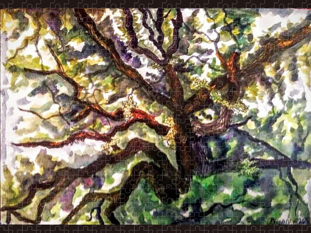 Landscape Jigsaw Puzzle featuring the painting Majestic Oak by Angela Weddle