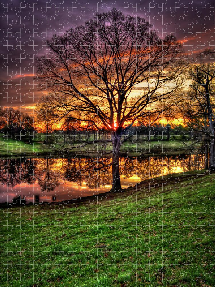 Reid Callaway Majestic Sunrise Reflections Jigsaw Puzzle featuring the photograph Majestic Sunrise Reflections Lake Oconee Farming Landscape Art by Reid Callaway
