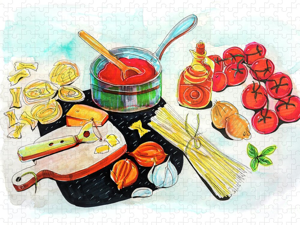 Illustration Jigsaw Puzzle featuring the drawing making Italian tomato's sauce by Ariadna De Raadt