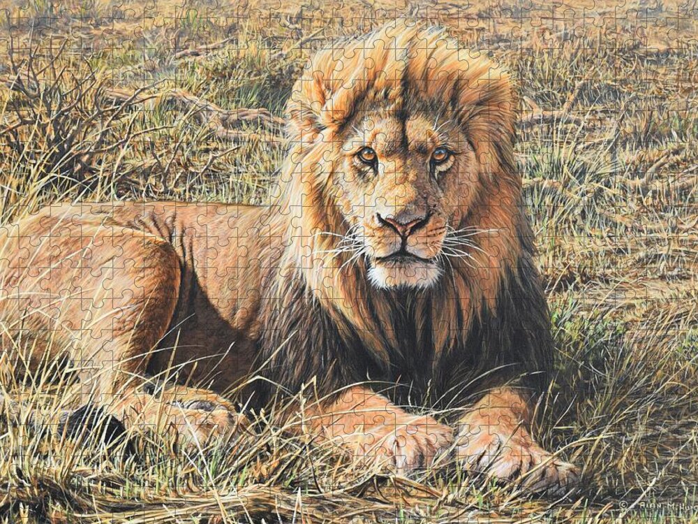 Wildlife Paintings Jigsaw Puzzle featuring the painting Male Lion Portrait by Alan M Hunt