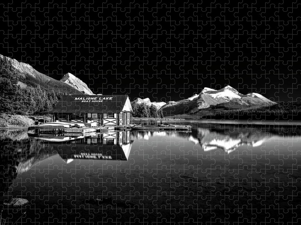 Maligne Lake Jigsaw Puzzle featuring the photograph Maligne Lake Boat House BW by Deborah Penland