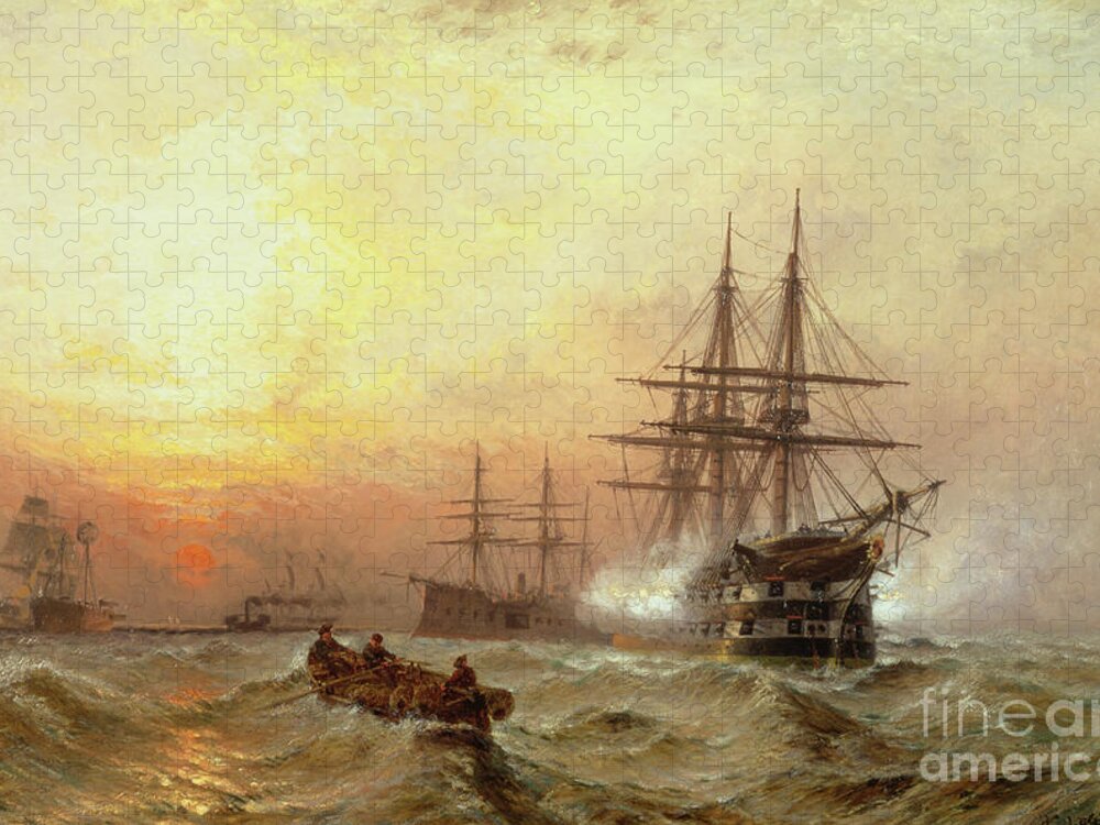 Man-o Jigsaw Puzzle featuring the painting Man o War firing a salute at sunset by Claude T Stanfield Moore