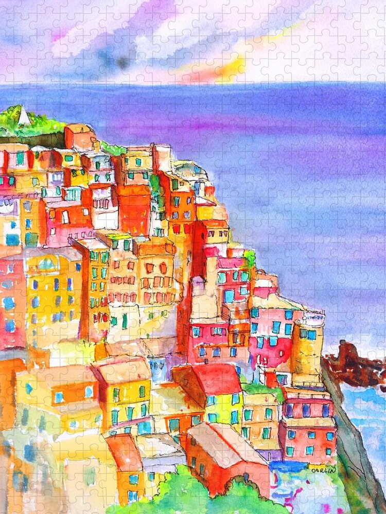 Manarola Jigsaw Puzzle featuring the painting Manarola in the Cinque Terre Italy by Carlin Blahnik CarlinArtWatercolor