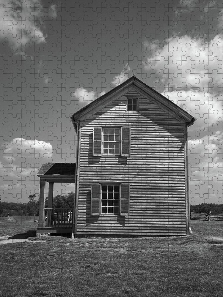 American Jigsaw Puzzle featuring the photograph Manassas Civil War Battlefield Farmhouse BW by Frank Romeo