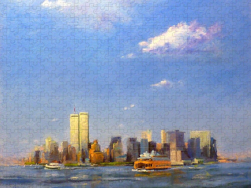 Twin Towers Jigsaw Puzzle featuring the painting Manhattan and Twin Towers from New York Harbor by Peter Salwen