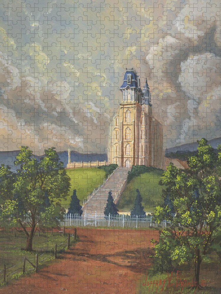 Manti Temple Jigsaw Puzzle featuring the painting Manti Summer by Jeff Brimley