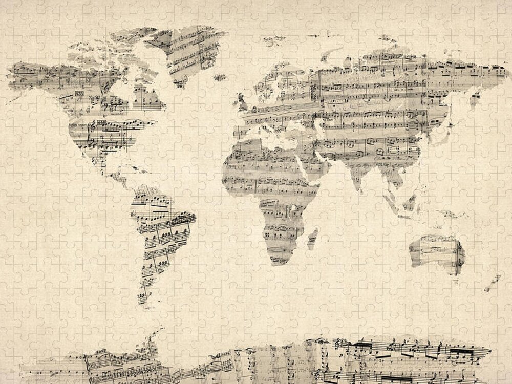 World Map Puzzle featuring the digital art Map of the World Map from Old Sheet Music by Michael Tompsett