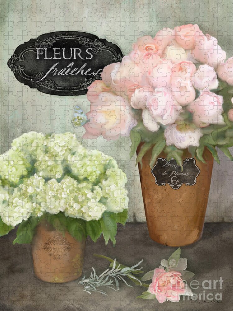 French Flower Market Jigsaw Puzzle featuring the painting Marche aux Fleurs 2 - Peonies n Hydrangeas by Audrey Jeanne Roberts