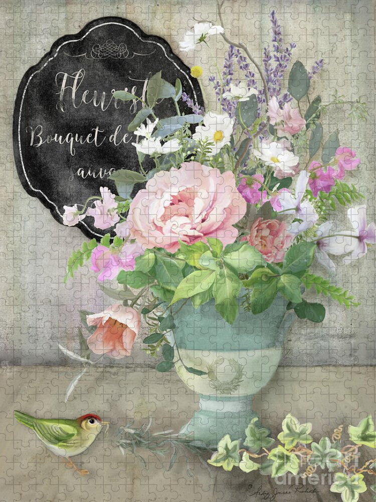 Marche Aux Fleurs Jigsaw Puzzle featuring the painting Marche aux Fleurs 3 Peony Tulips Sweet Peas Lavender and Bird by Audrey Jeanne Roberts