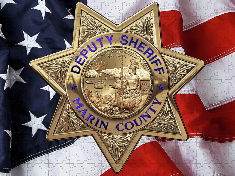 'law Enforcement Insignia & Heraldry' Collection By Serge Averbukh Jigsaw Puzzle featuring the digital art Marin County Sheriff Department - Deputy Sheriff Badge over American Flag by Serge Averbukh