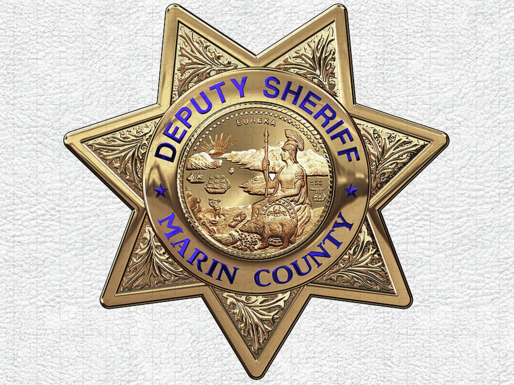 'law Enforcement Insignia & Heraldry' Collection By Serge Averbukh Jigsaw Puzzle featuring the digital art Marin County Sheriff Department - Deputy Sheriff Badge over White Leather by Serge Averbukh