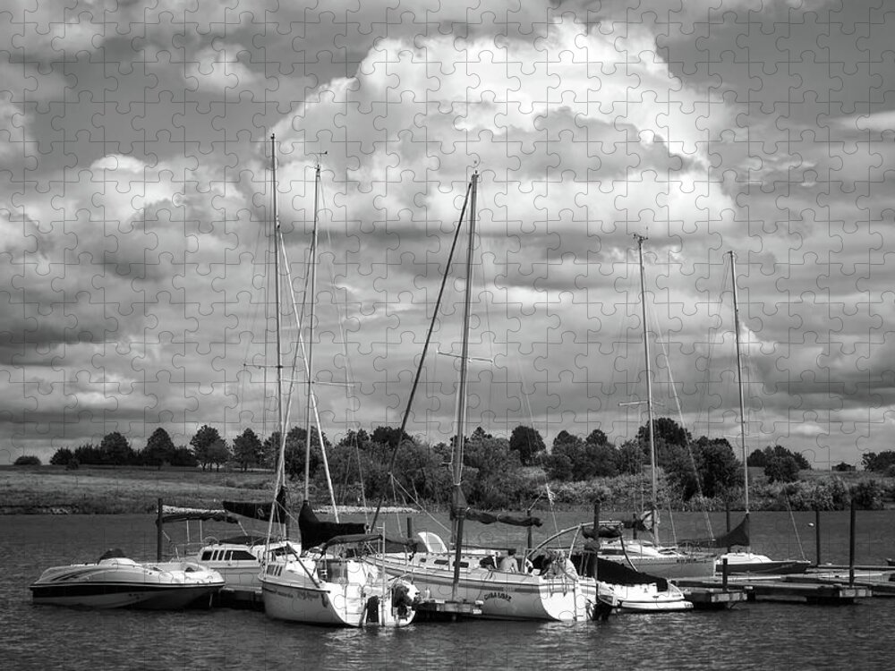 Boats Jigsaw Puzzle featuring the photograph Marina - Branched Oak Lake - Black and White by Nikolyn McDonald