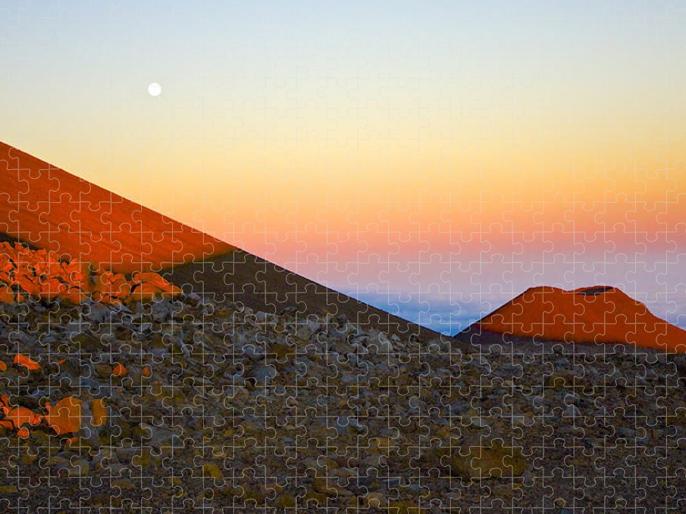 Mauna Kea Jigsaw Puzzle featuring the photograph Mauna Kea Sunset with Full Moon Volcanoes National Park Hawaii by Venetia Featherstone-Witty