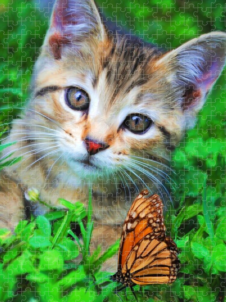 Kitten Jigsaw Puzzle featuring the painting Me and My Monarch by Jai Johnson