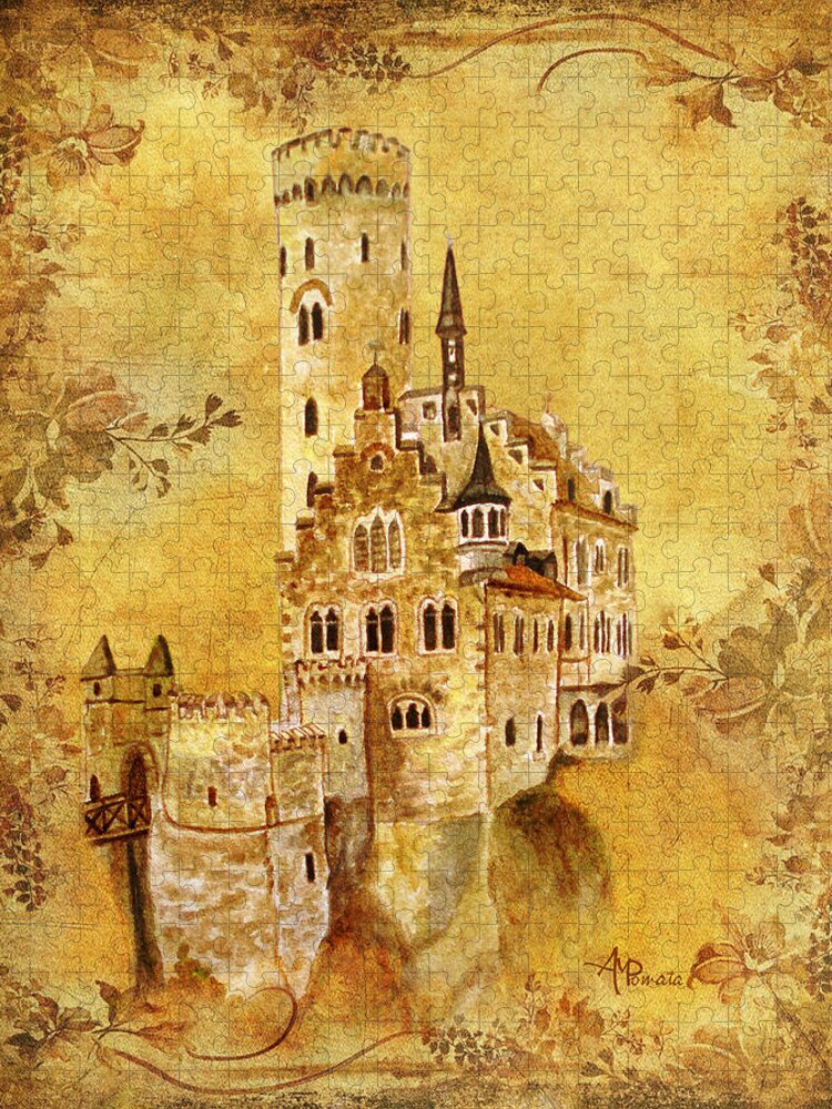 Castles Jigsaw Puzzle featuring the painting Medieval Golden Castle by Angeles M Pomata