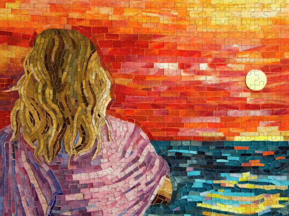 Mediterranean Jigsaw Puzzle featuring the mixed media Mediterranean Sunset detail by Adriana Zoon