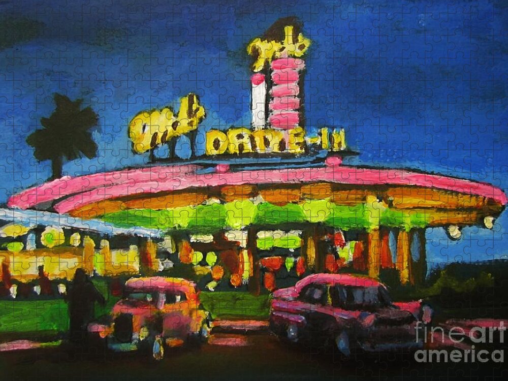 Cars Jigsaw Puzzle featuring the painting Mels Drive In One by John Malone