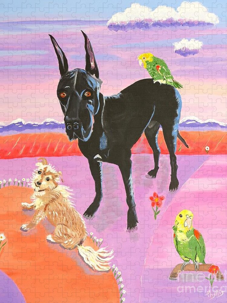 Little Dog Jigsaw Puzzle featuring the painting Menagerie Of a Friend by Phyllis Kaltenbach